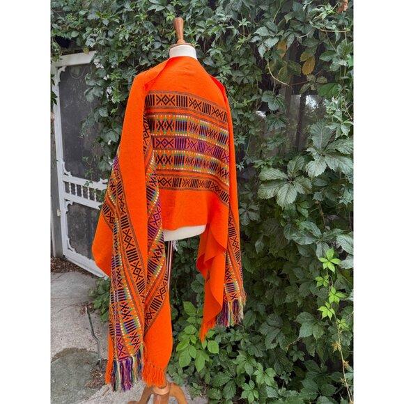 Vintage Orange Woven Poncho Geometric Pattern Blanket Fringe - Picture 6 of 7